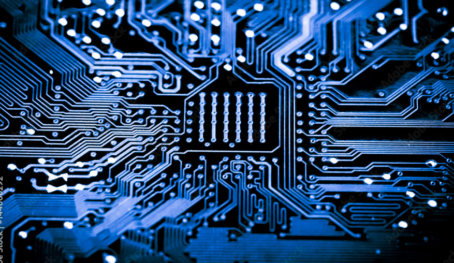 Close up of Electronic Circuits in Technology on Mainboard background